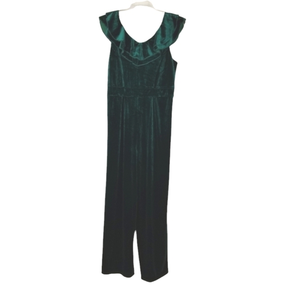 Zunie Girls Size 16 Ruffle Neck Velvet Jumpsuit Hunter Green Stretchy Holiday - Picture 2 of 11